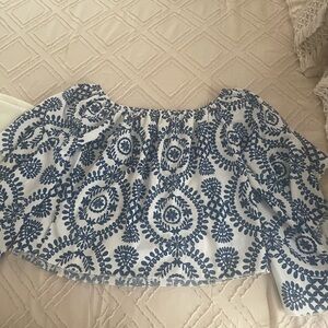 Blue and White Off the Shoulder Patterned Blouse